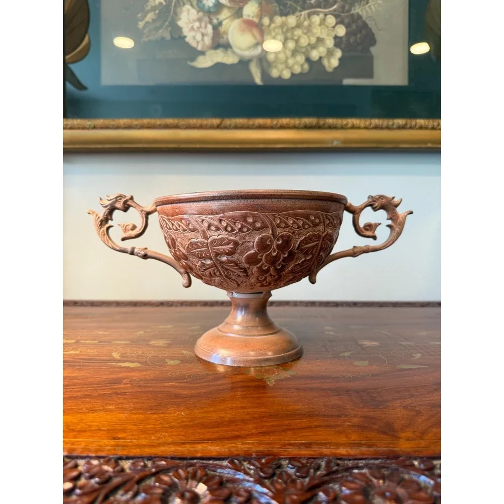 Vintage Copper-Tone Pedestal‎ Bowl with Dragon Handles